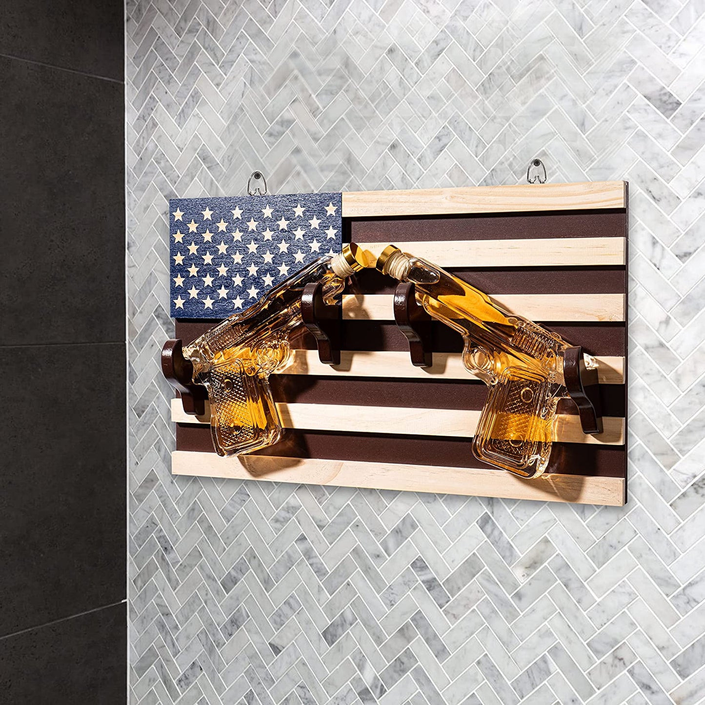 Pistol Whiskey Decanter Set of 2 300ml On American Flag Wall Rack by The Wine Savant - Tik Tok Gun Decanter, Veteran Gifts, Military Gifts, Home Bar Gifts, Law Enforcement Gifts-2