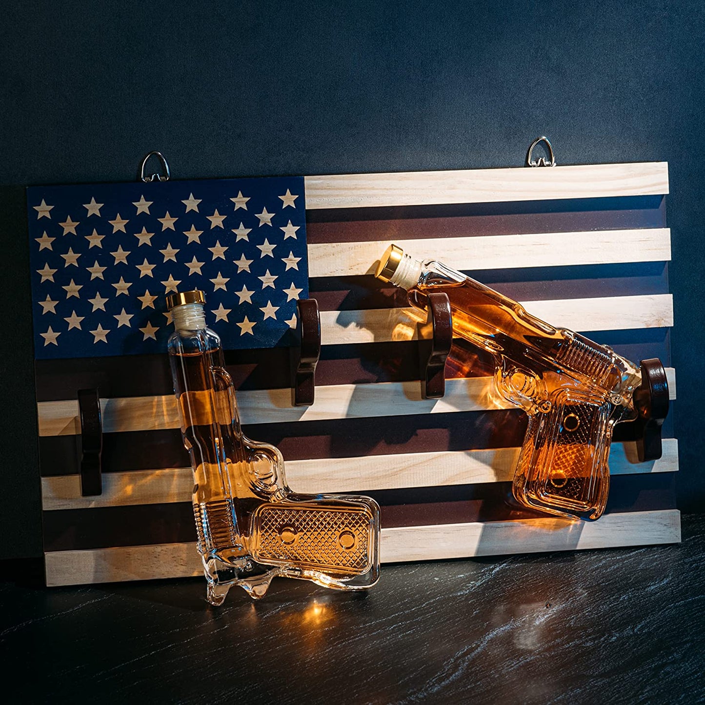 Pistol Whiskey Decanter Set of 2 300ml On American Flag Wall Rack by The Wine Savant - Tik Tok Gun Decanter, Veteran Gifts, Military Gifts, Home Bar Gifts, Law Enforcement Gifts-1