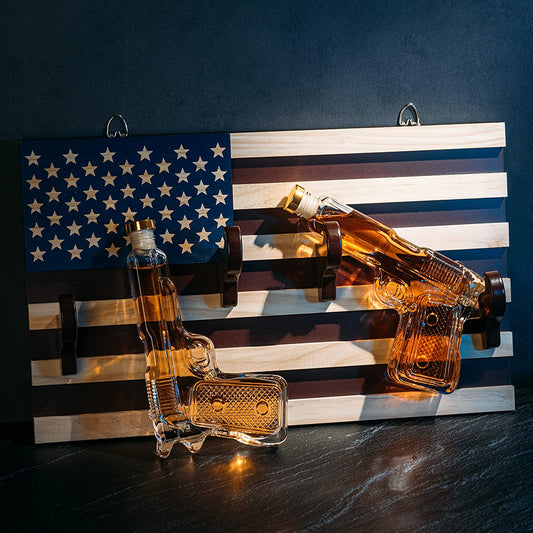 Pistol Whiskey Decanter Set of 2 300ml On American Flag Wall Rack by The Wine Savant - Tik Tok Gun Decanter, Veteran Gifts, Military Gifts, Home Bar Gifts, Law Enforcement Gifts-1