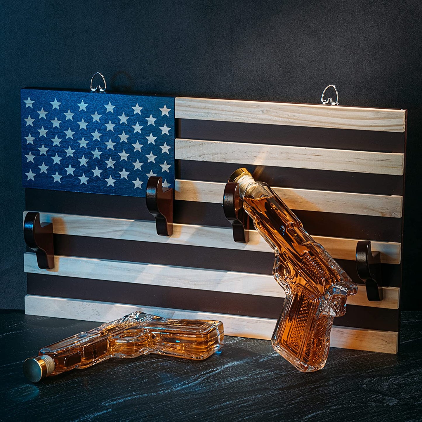 Pistol Whiskey Decanter Set of 2 300ml On American Flag Wall Rack by The Wine Savant - Tik Tok Gun Decanter, Veteran Gifts, Military Gifts, Home Bar Gifts, Law Enforcement Gifts-3