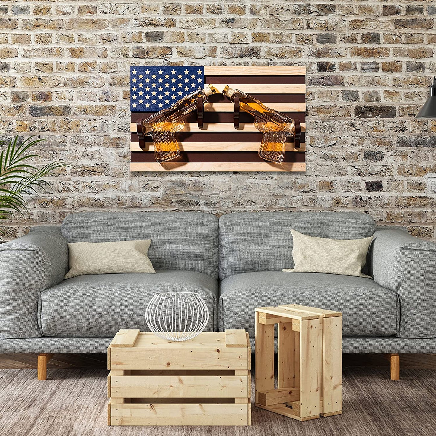 Pistol Whiskey Decanter Set of 2 300ml On American Flag Wall Rack by The Wine Savant - Tik Tok Gun Decanter, Veteran Gifts, Military Gifts, Home Bar Gifts, Law Enforcement Gifts-4