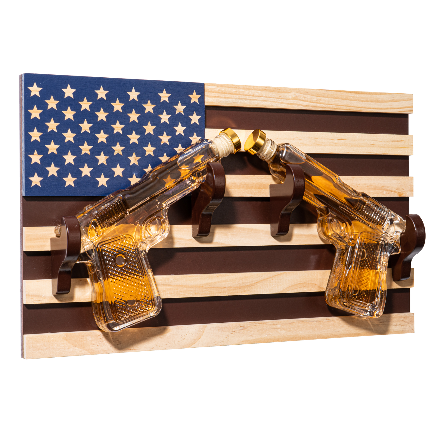 Pistol Whiskey Decanter Set of 2 300ml On American Flag Wall Rack by The Wine Savant - Tik Tok Gun Decanter, Veteran Gifts, Military Gifts, Home Bar Gifts, Law Enforcement Gifts-0