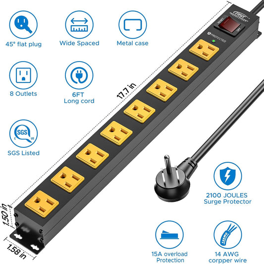 CRST 2 Pack 8 Outlet Metal Heavy Duty Power Strip with Switch, 2100J Surge Protector, 15A/1875W Mountable Wide Spaced Power Bar, 6FT 14AWG Extension Power Cord-1