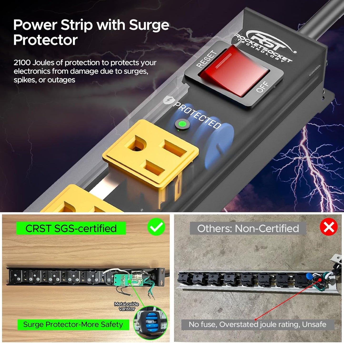 CRST 2 Pack 8 Outlet Metal Heavy Duty Power Strip with Switch, 2100J Surge Protector, 15A/1875W Mountable Wide Spaced Power Bar, 6FT 14AWG Extension Power Cord-2
