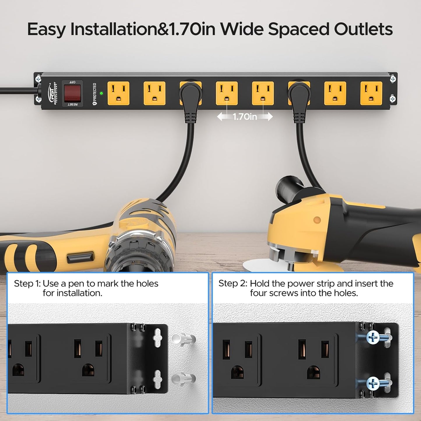 CRST 2 Pack 8 Outlet Metal Heavy Duty Power Strip with Switch, 2100J Surge Protector, 15A/1875W Mountable Wide Spaced Power Bar, 6FT 14AWG Extension Power Cord-3