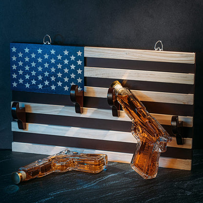 Pistol Whiskey Decanter Set of 2 300ml On American Flag Wall Rack by The Wine Savant - Tik Tok Gun Decanter, Veteran Gifts, Military Gifts, Home Bar Gifts, Law Enforcement Gifts-3