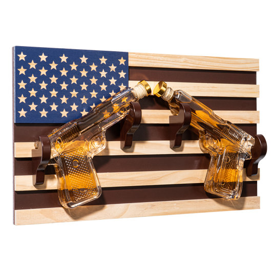 Pistol Whiskey Decanter Set of 2 300ml On American Flag Wall Rack by The Wine Savant - Tik Tok Gun Decanter, Veteran Gifts, Military Gifts, Home Bar Gifts, Law Enforcement Gifts-0