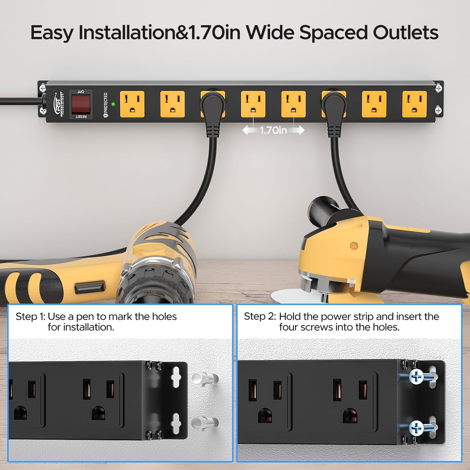 CRST 2 Pack 8 Outlet Metal Heavy Duty Power Strip with Switch, 2100J Surge Protector, 15A/1875W Mountable Wide Spaced Power Bar, 6FT 14AWG Extension Power Cord-3